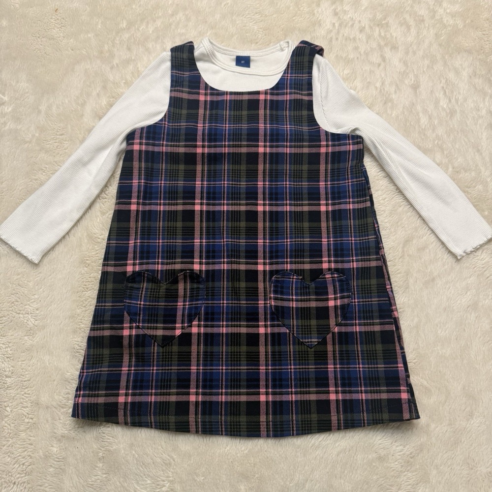 Old Navy Toddler Girls Sz 3T Plaid 2 Pc Overall Dress Long Sleeve Shirt Classic